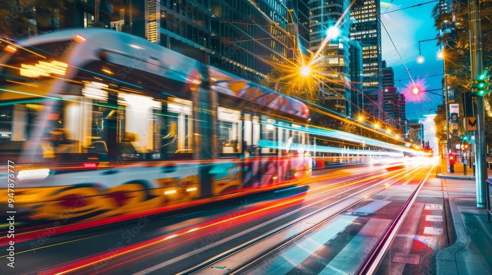 A high-speed tram blurs past city lights in an urban landscape, showcasing the vibrant energy of metropolitan nightlife. A high-speed tram blurs past city lights in an urban landscape, showcasing the vibrant energy of metropolitan nightlife.