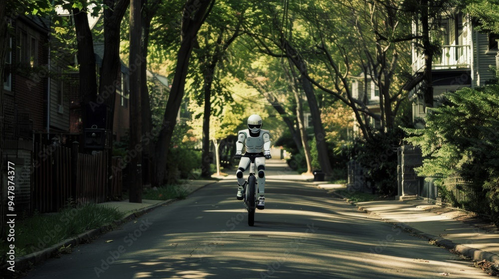 A futuristic robot rides a bicycle down a serene, tree-lined suburban street, merging technology with everyday life. A futuristic robot rides a bicycle down a serene, tree-lined suburban street, merging technology with everyday life.