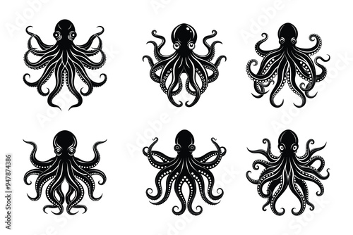 Set of Octopus silhouette vector illustration 