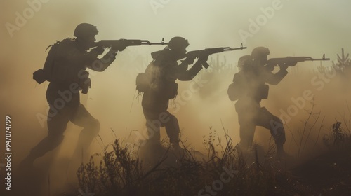 Three soldiers move forward with rifles in a foggy landscape, illustrating a tactical and intense military operation.