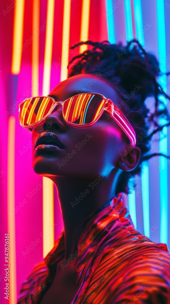 Obraz premium Fashion model posing with neon lights reflecting in sunglasses