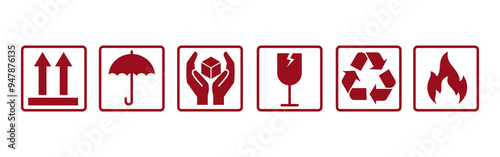 Packaging and warning symbols set, fragile cargo icons, fragile package warning signs umbrella, box in hands, glass, side up box, logistics delivery shipping