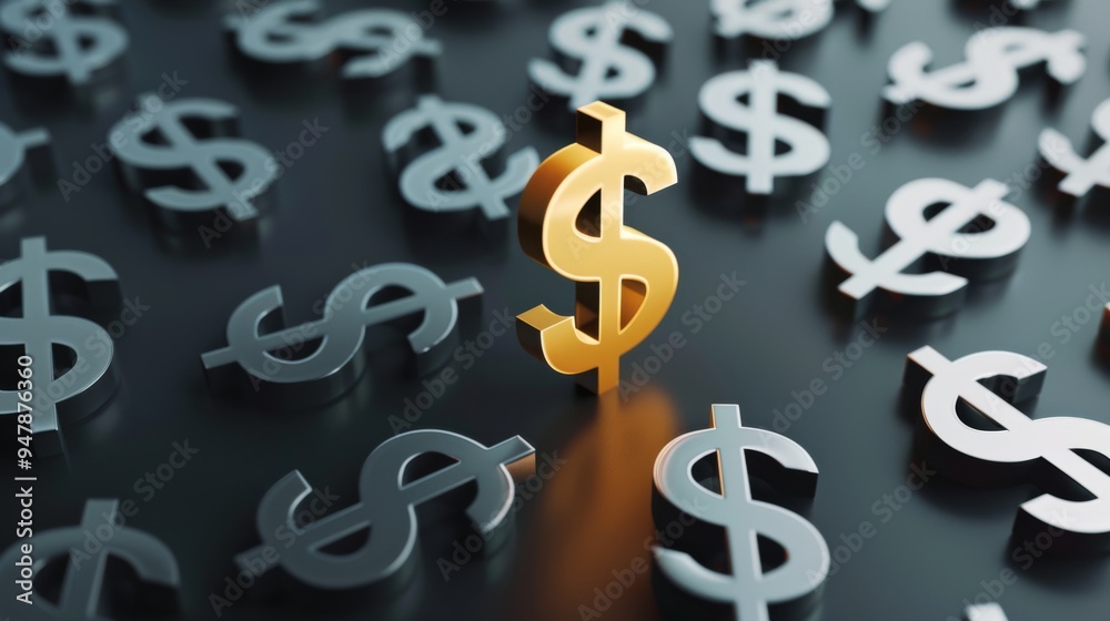 A standout golden dollar sign amidst numerous gray dollar signs signifies financial success, wealth, and distinction on a dark surface. A standout golden dollar sign amidst numerous gray dollar signs signifies financial success, wealth, and distinction on a dark surface.