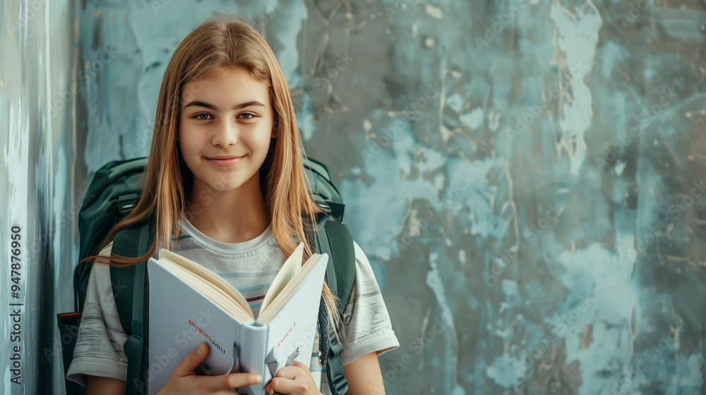 A cheerful student holds a book while leaning against a colorful wall in a classroom setting during the afternoon