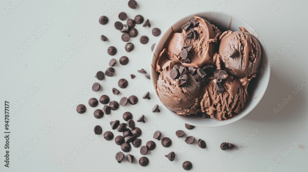 A serene bowl of chocolate ice cream sprinkled with chocolate chips, capturing a moment of delightful indulgence. A serene bowl of chocolate ice cream sprinkled with chocolate chips, capturing a moment of delightful indulgence.