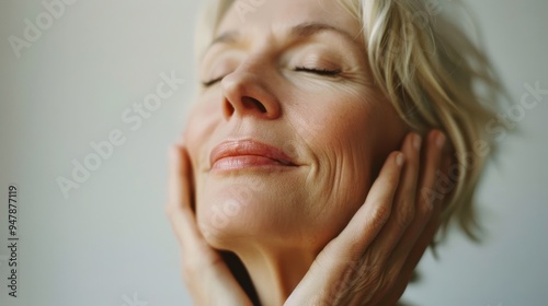 A serene woman with closed eyes enjoys a moment of tranquility, her hands gently cradling her face in a peaceful ambiance.