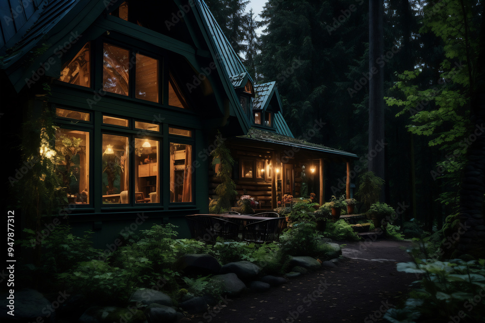 Cabin illuminated in night woods Cabin illuminated in night woods