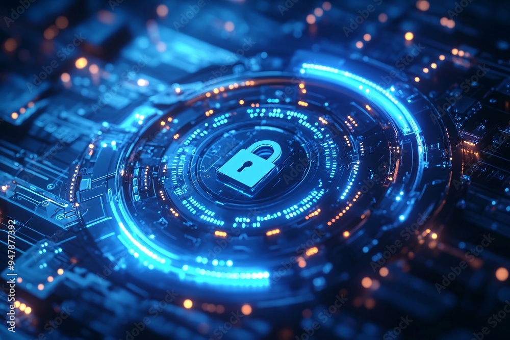lock symbol in digital security circle, blue color on white background, tech style, futuristic lock symbol in digital security circle, blue color on white background, tech style, futuristic