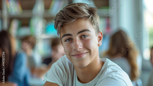 A young student smiles brightly while sitting in a classroom with peers engaged in various activities during the afternoon