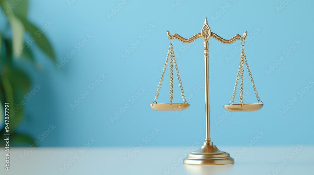 Elegant Brass Scales of Justice on Vibrant Blue Background Elegant Brass Scales of Justice on Vibrant Blue Background