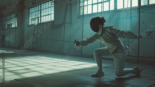 In a dimly lit fencing hall, a fencer in full gear lunges forward with precision, bathed in dramatic shades of light and shadow. photo