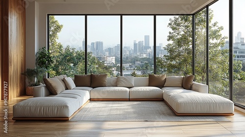 Modern Sectional Sofa with City View: A stylish and spacious sectional sofa with plush cushions, perfect for relaxation and entertaining. The sofa is positioned in a modern living room 