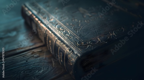 Vintage leather-bound book on wooden table