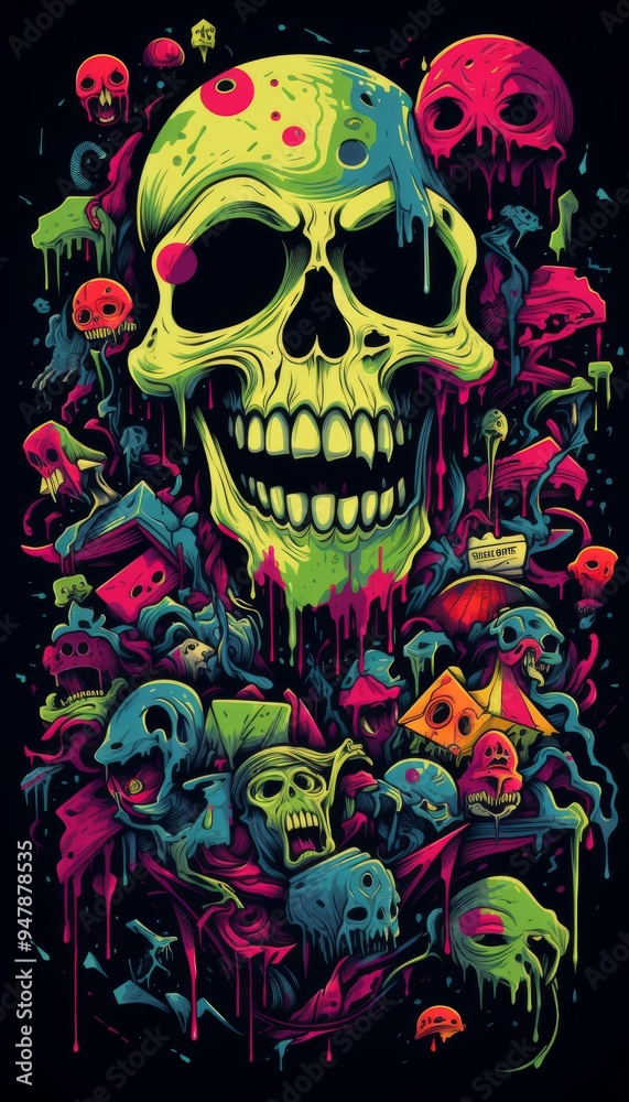 Psychedelic Skull with Vibrant Colors and Swirling Patterns - Bold and Eye-Catching Illustration of a Grinning Skull in a Surreal, Colorful Design Psychedelic Skull with Vibrant Colors and Swirling Patterns - Bold and Eye-Catching Illustration of a Grinning Skull in a Surreal, Colorful Design