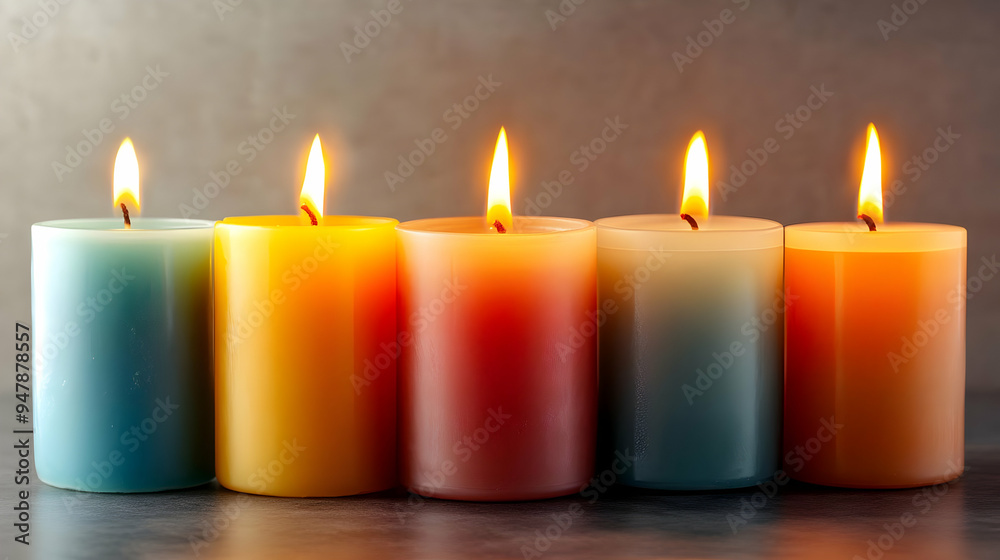 Burning Colorful Candles on Grey Background Burning Colorful Candles on Grey Background