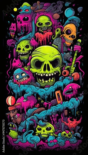 Psychedelic Skull with Vibrant Colors and Swirling Patterns - Bold and Eye-Catching Illustration