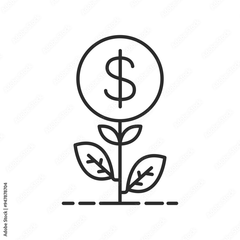 Money plant icon with leaf and dollar sign. Thin line editable stroke vector illustration. Money plant icon with leaf and dollar sign. Thin line editable stroke vector illustration.