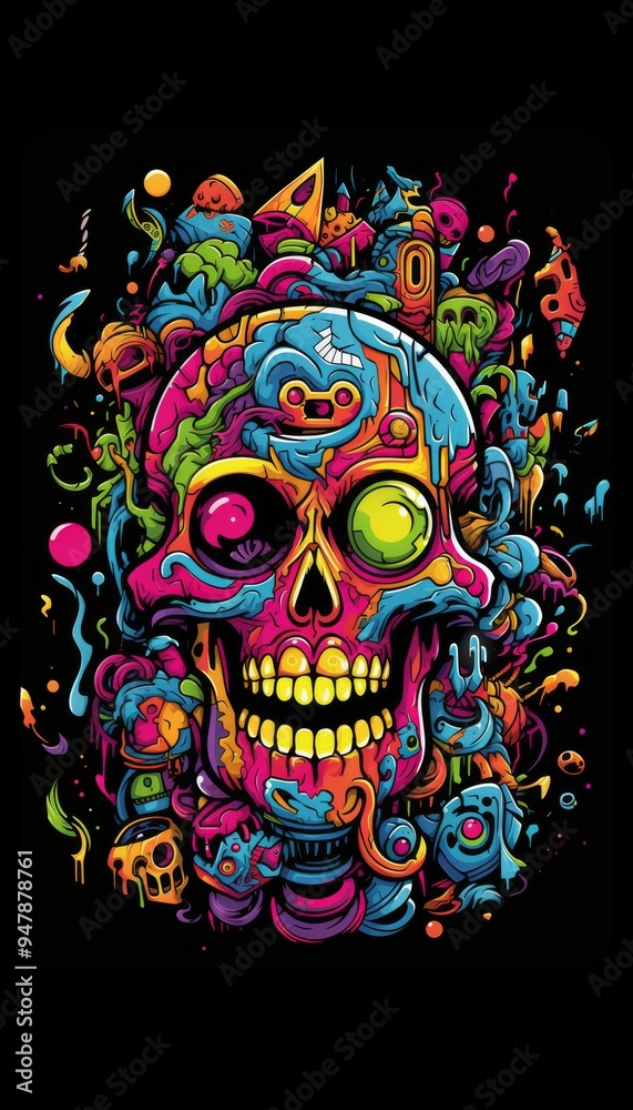 Psychedelic Skull with Vibrant Colors and Swirling Patterns - Bold and Eye-Catching Illustration Psychedelic Skull with Vibrant Colors and Swirling Patterns - Bold and Eye-Catching Illustration