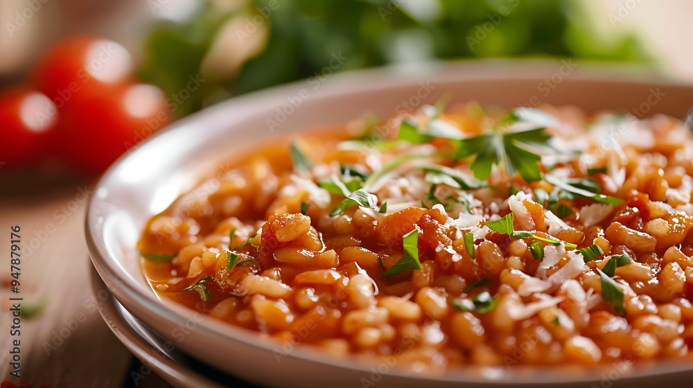 Delicious wonderful risotto with tomato gravy