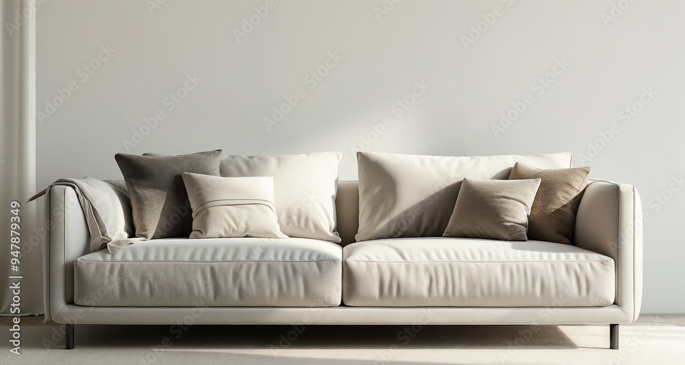 Modern white sofa with pillows in bright interior. 3d render. Modern white sofa with pillows in bright interior. 3d render.
