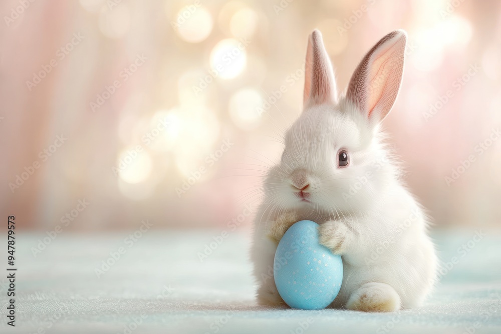 Fototapeta premium Cute Easter Bunny Holding Blue Egg