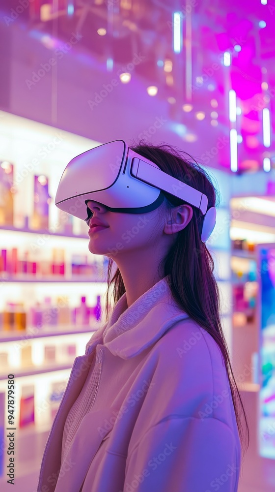 Woman experiencing virtual reality shopping in retail store