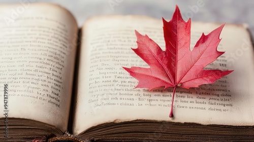 A vibrant red maple leaf rests on an open book, symbolizing nature, knowledge, and the beauty of autumn. photo