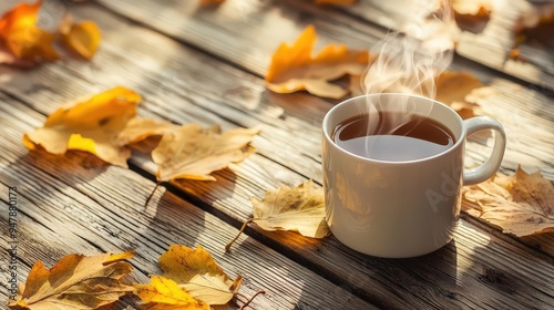 A cozy cup of steaming tea rests on a rustic wooden table surrounded by autumn leaves, perfect for a tranquil fall moment.