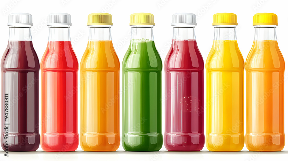 Colorful Juice Bottles Mockup Clear Glass Bottles with Assorted Flavors Colorful Juice Bottles Mockup Clear Glass Bottles with Assorted Flavors