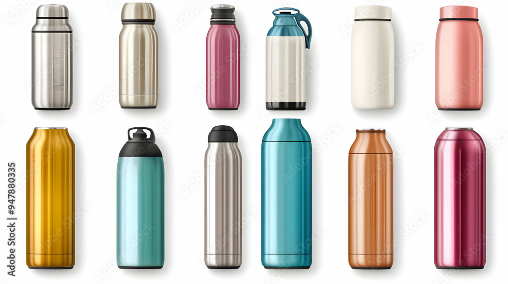 Obraz premium Set of Colorful Thermos Bottles for Hot and Cold Drinks