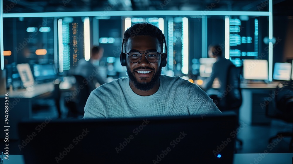 He holds a headset while he sits in an office, uses a computer, and discusses with clients or employees via video conference. He holds a headset while he sits in an office, uses a computer, and discusses with clients or employees via video conference.