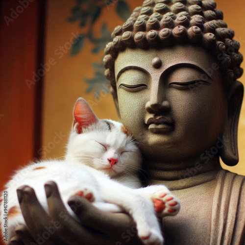 a cat sleeping in buddha hands photo