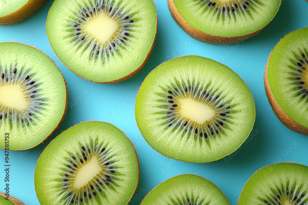 Fototapeta premium Fresh kiwis on a soft pastel blue backdrop,