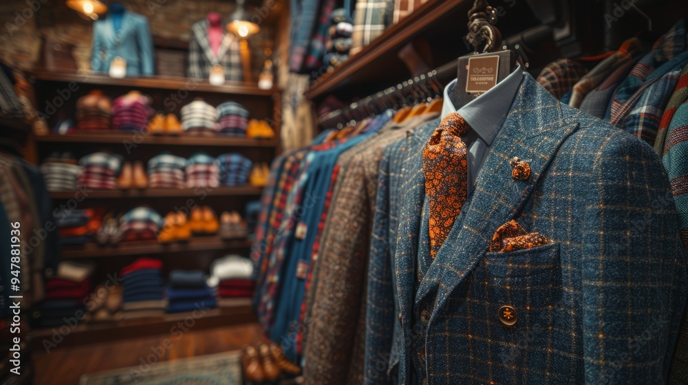 A beautifully arranged boutique features a stunning collection of tailored suits and stylish accessories, creating a warm and inviting atmosphere for fashion enthusiasts
