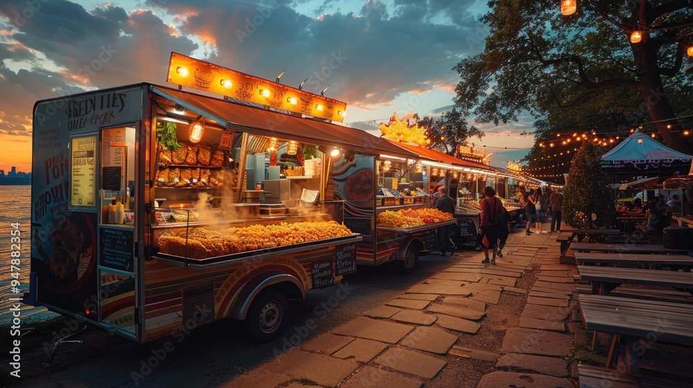 Various steamy dishes served from a food truck at sunset, situated in a cozy park setting with warm string lights and a scenic riverside view creating a serene atmosphere. Various steamy dishes served from a food truck at sunset, situated in a cozy park setting with warm string lights and a scenic riverside view creating a serene atmosphere.