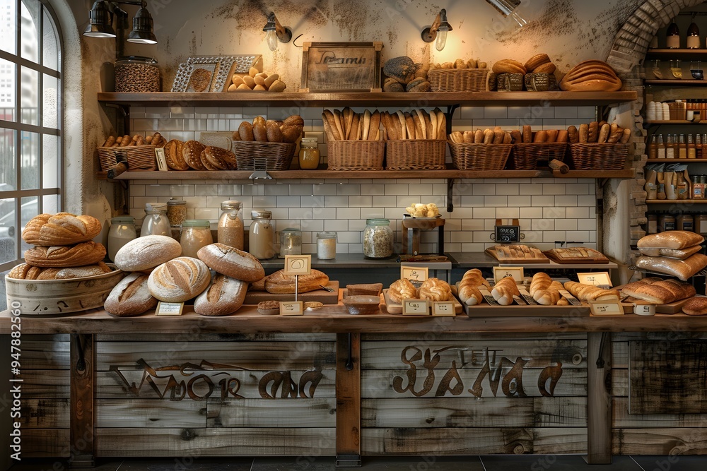 Rustic Bakery Display with an Array of Freshly Baked Breads Rustic Bakery Display with an Array of Freshly Baked Breads