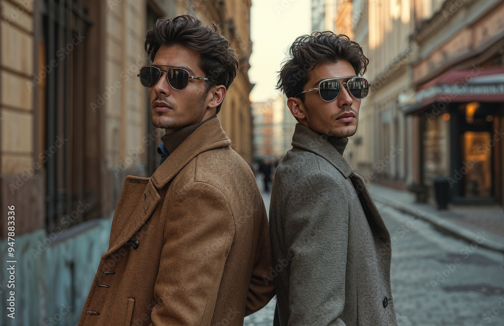Fashionable young men in a coat and sunglasses on the street. Fashionable young men in a coat and sunglasses on the street.
