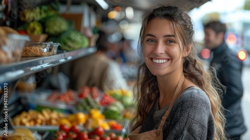 This image features a cheerful market vendor with a bright, friendly smile standing behind a stall filled with fresh fruits and vegetables, embodying the spirit of local markets.