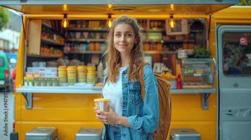 A cheerful woman with curly hair and a backpack holds a coffee cup while standing in front of a bright yellow food truck full of various packaged foods and jars on display.