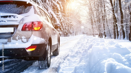 Winter Driving. Back view of the snow covered car driving on a snow forest, sunny winter nature