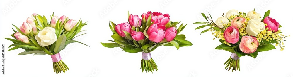 Fototapeta premium On a transparent background, colorful spring flowers are arranged in a bouquet or arrangement.