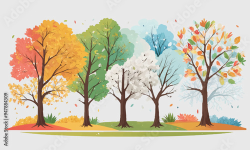 Four Seasons colorful trees foliages, vector illustration on white background