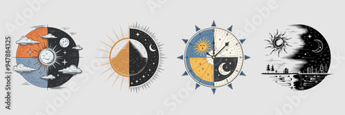 Half day half night concepts, vector illustration on white background