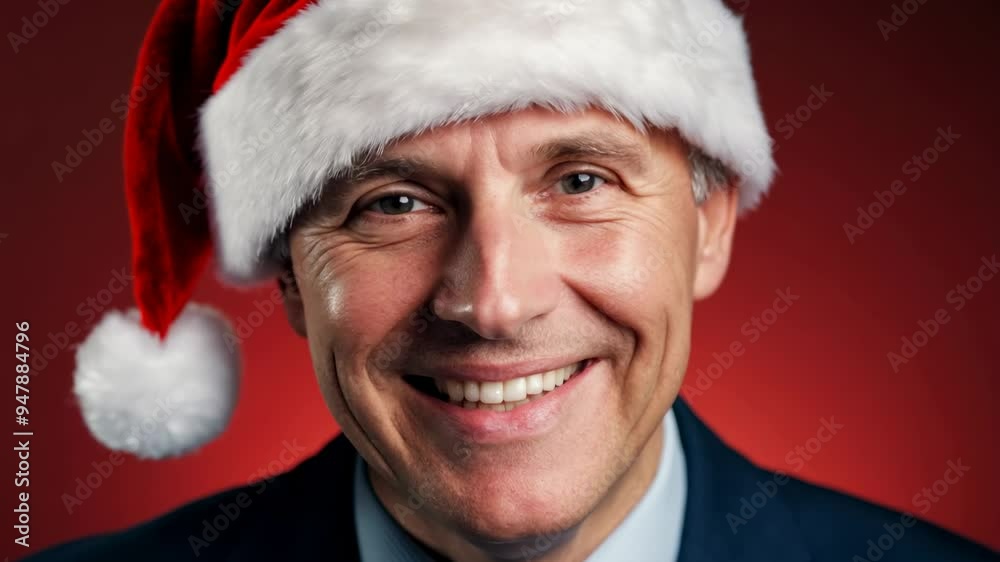 Close-up portrait of a smiling Caucasian businessman in Santa hat on red background. Embracing the holiday spirit, this businessman's Santa hat and smile create a heartwarming festive vibe. Close-up portrait of a smiling Caucasian businessman in Santa hat on red background. Embracing the holiday spirit, this businessman's Santa hat and smile create a heartwarming festive vibe.