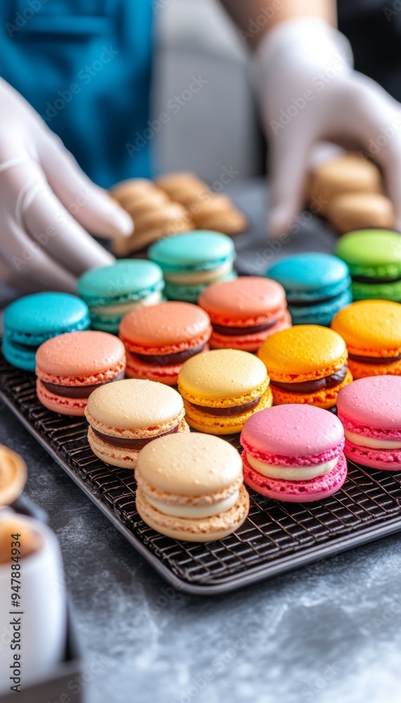 Fototapeta premium Hands Presenting Trays of Multicolored French Macarons on a Wire Cooling Rack., Bakery , Dessert