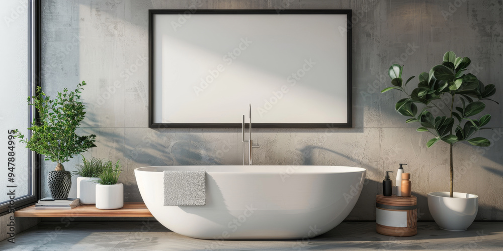 White Bathtub and Blank Poster Frame Mockup, Modern Bathroom Interior White Bathtub and Blank Poster Frame Mockup, Modern Bathroom Interior
