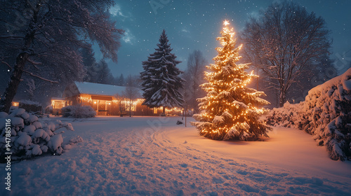 snowy christmas tree in the night village