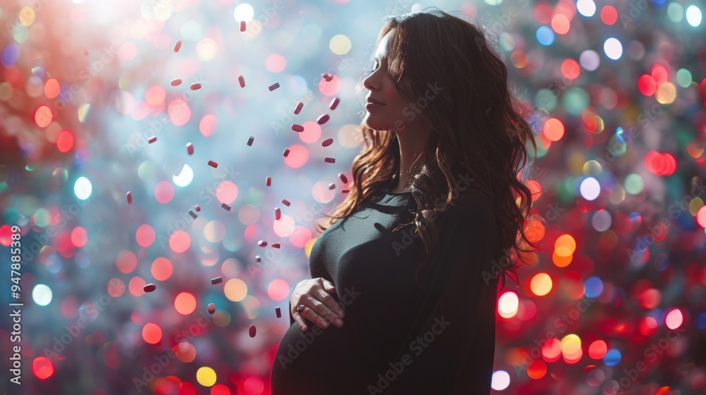 a flash photography in studio of medication pills floating around a pregnant woman holding her belly, flash photography on infinite backdrop, tones of red and dark purple, minimalist compostion a flash photography in studio of medication pills floating around a pregnant woman holding her belly, flash photography on infinite backdrop, tones of red and dark purple, minimalist compostion