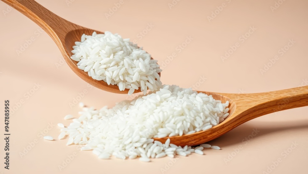 White Rice in Wooden Spoons on a Pink Background White Rice in Wooden Spoons on a Pink Background