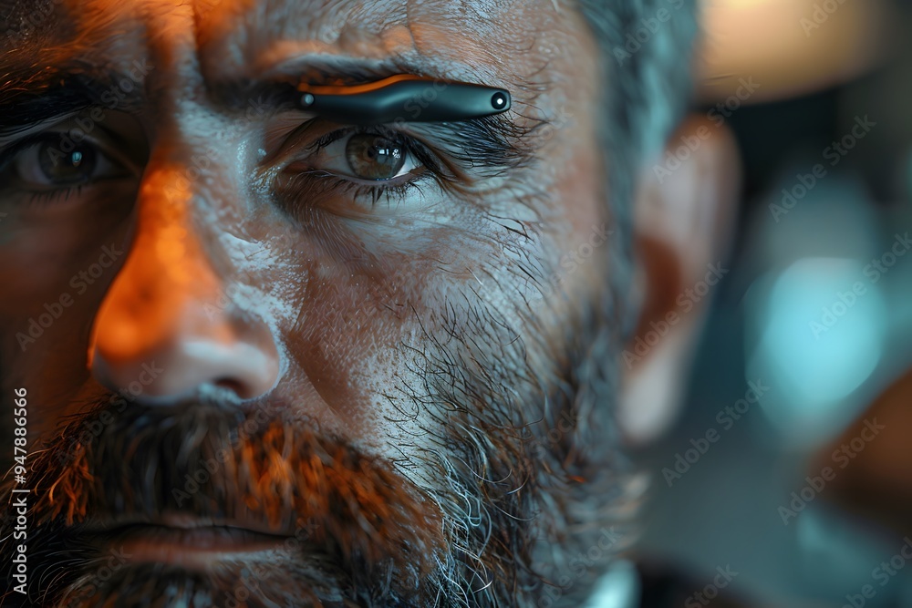 Intense Close-Up of a Bearded Man with a Unique Eyewear Accessory Intense Close-Up of a Bearded Man with a Unique Eyewear Accessory